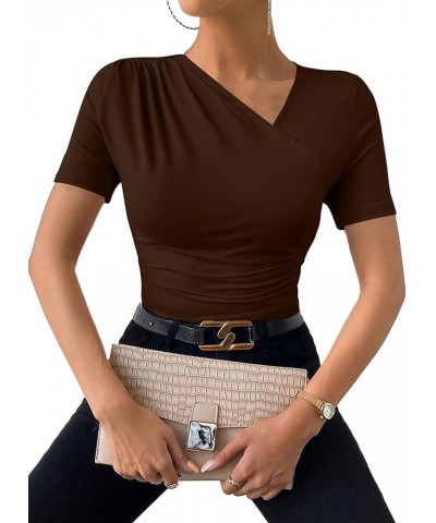 Women's Ruched Shirt Short Sleeve Asymmetric Neck Casual Tee Tops Brown $11.04 T-Shirts