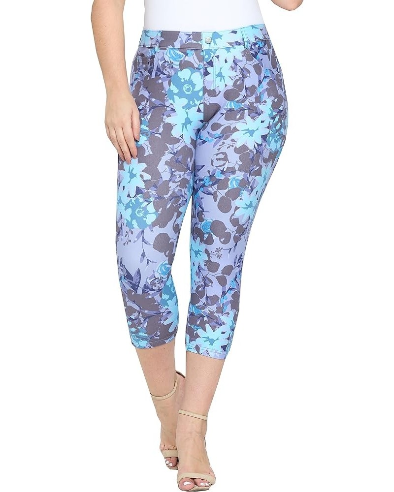 Women's 5 Pocket Capri Jeggings - Pull On Skinny Stretch Colored Jean Leggings with Plus Size Options Blue Floral $13.44 Legg...