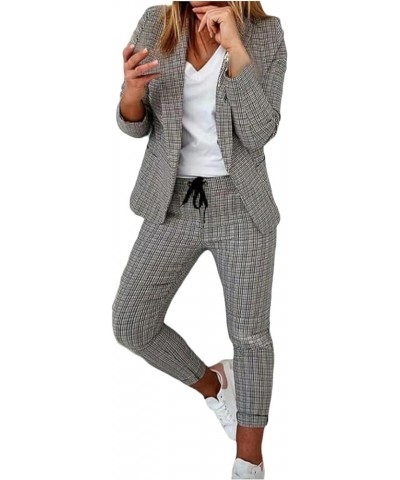 Womens Slim Fit Jacket Outfits Two-Piece Plaid Print Trouser Suit Business Office Casual Smart Suit Set Lapel Blazer Dark Gra...