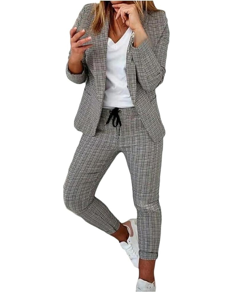 Womens Slim Fit Jacket Outfits Two-Piece Plaid Print Trouser Suit Business Office Casual Smart Suit Set Lapel Blazer Dark Gra...