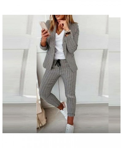 Womens Slim Fit Jacket Outfits Two-Piece Plaid Print Trouser Suit Business Office Casual Smart Suit Set Lapel Blazer Dark Gra...