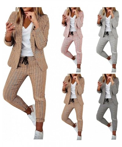 Womens Slim Fit Jacket Outfits Two-Piece Plaid Print Trouser Suit Business Office Casual Smart Suit Set Lapel Blazer Dark Gra...