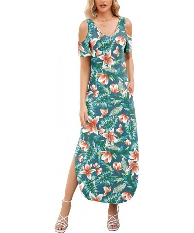 Maxi Dress for Women Casual Summer V Neck Cold Shoulder Short Sleeve Split Long Beach Dresses with Pockets Flower05-1 $19.94 ...