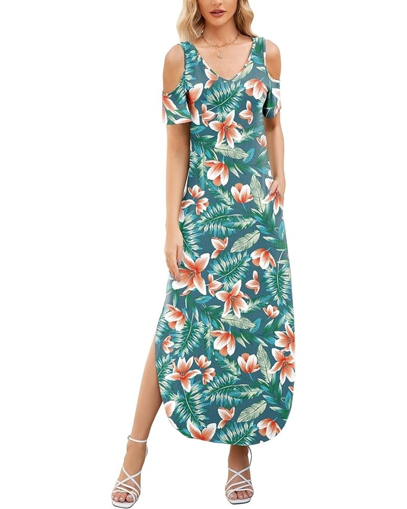 Maxi Dress for Women Casual Summer V Neck Cold Shoulder Short Sleeve Split Long Beach Dresses with Pockets Flower05-1 $19.94 ...