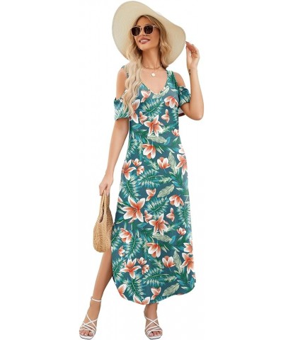 Maxi Dress for Women Casual Summer V Neck Cold Shoulder Short Sleeve Split Long Beach Dresses with Pockets Flower05-1 $19.94 ...