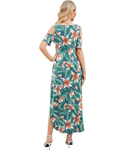 Maxi Dress for Women Casual Summer V Neck Cold Shoulder Short Sleeve Split Long Beach Dresses with Pockets Flower05-1 $19.94 ...