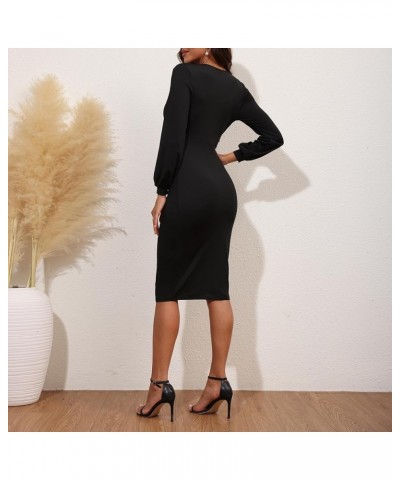 Women's Sexy Deep V Neck Long Sleeve Ruched Front Bodycon Midi Cocktail Party Dress Black $18.14 Dresses