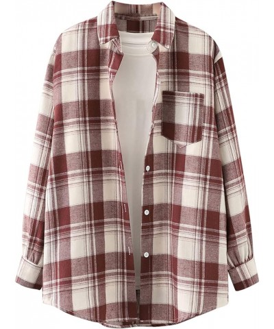 Women's Plaid Shirts Long Sleeve Lapel Button Down Boyfriend Shirt Casual Jacket Blouse Tops with Pocket 1-wine 02 $7.27 Blouses