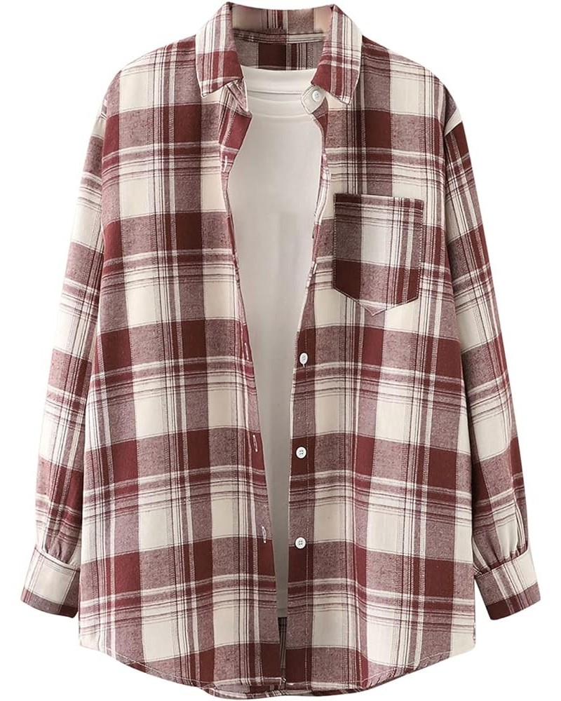 Women's Plaid Shirts Long Sleeve Lapel Button Down Boyfriend Shirt Casual Jacket Blouse Tops with Pocket 1-wine 02 $7.27 Blouses