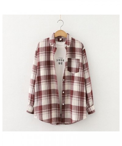 Women's Plaid Shirts Long Sleeve Lapel Button Down Boyfriend Shirt Casual Jacket Blouse Tops with Pocket 1-wine 02 $7.27 Blouses