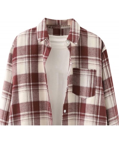 Women's Plaid Shirts Long Sleeve Lapel Button Down Boyfriend Shirt Casual Jacket Blouse Tops with Pocket 1-wine 02 $7.27 Blouses