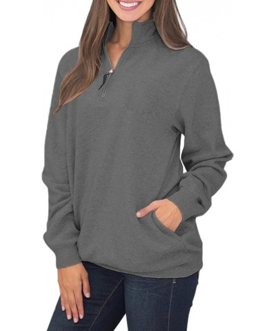 Womens Warm Cozy High Neck Long Sleeve Solid 1/4 Zip Pullover Sweatshirts with Pockets Dark Grey $17.15 Hoodies & Sweatshirts