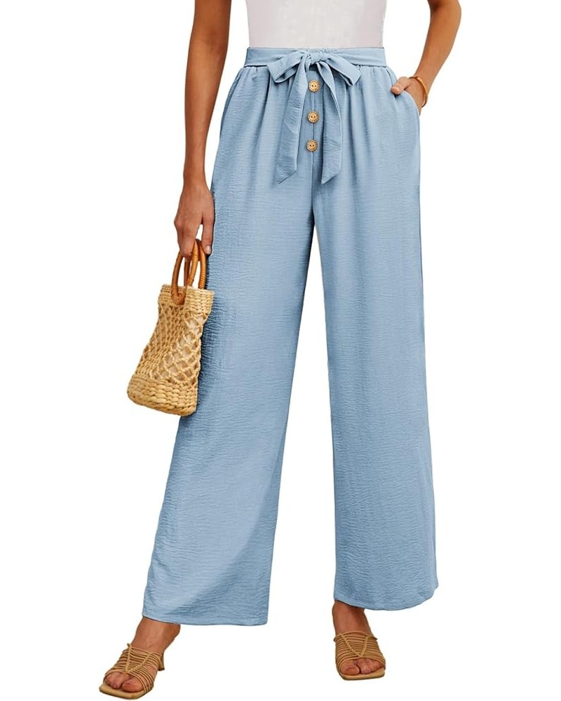 Women's Wide Leg Lounge Pants High Waist Button Palazzo Pants Lightweight Tie Knot Loose Trousers 05 Light Blue $10.00 Pants