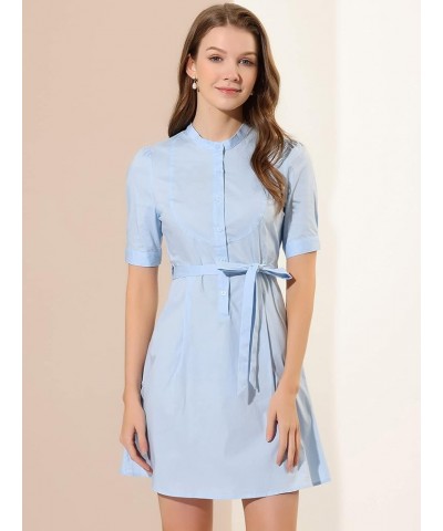 Women's Belted Dress Half Placket Short Sleeve Summer A-Line Dress Light Blue $13.20 Dresses