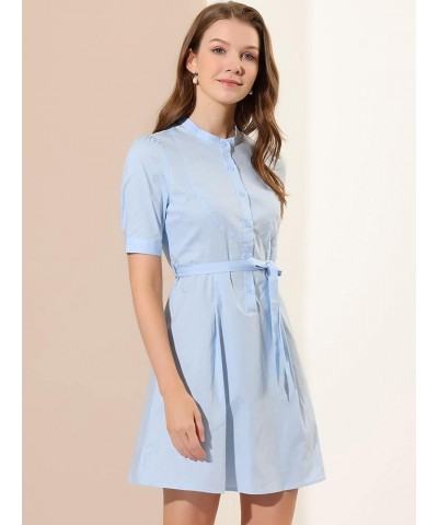 Women's Belted Dress Half Placket Short Sleeve Summer A-Line Dress Light Blue $13.20 Dresses