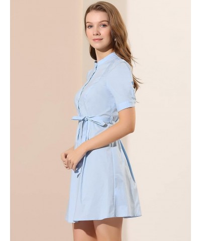 Women's Belted Dress Half Placket Short Sleeve Summer A-Line Dress Light Blue $13.20 Dresses