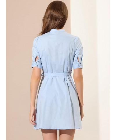 Women's Belted Dress Half Placket Short Sleeve Summer A-Line Dress Light Blue $13.20 Dresses