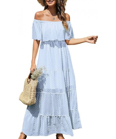 Women's 2024 Summer Off Shoulder Maxi Dress Swiss Dot Short Sleeve High Waist Ruffle Tiered Flowy Long Dresses B-light Blue $...