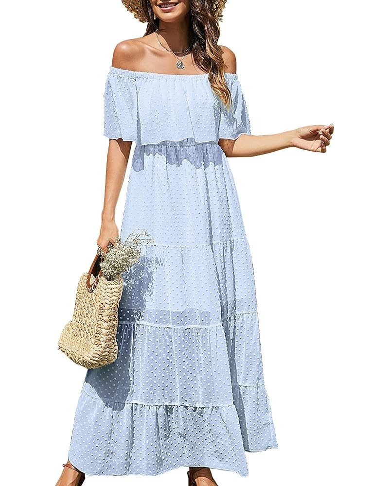 Women's 2024 Summer Off Shoulder Maxi Dress Swiss Dot Short Sleeve High Waist Ruffle Tiered Flowy Long Dresses B-light Blue $...