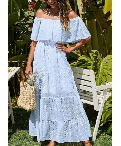 Women's 2024 Summer Off Shoulder Maxi Dress Swiss Dot Short Sleeve High Waist Ruffle Tiered Flowy Long Dresses B-light Blue $...