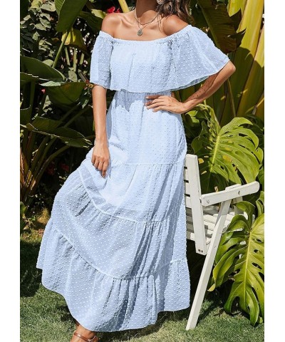 Women's 2024 Summer Off Shoulder Maxi Dress Swiss Dot Short Sleeve High Waist Ruffle Tiered Flowy Long Dresses B-light Blue $...