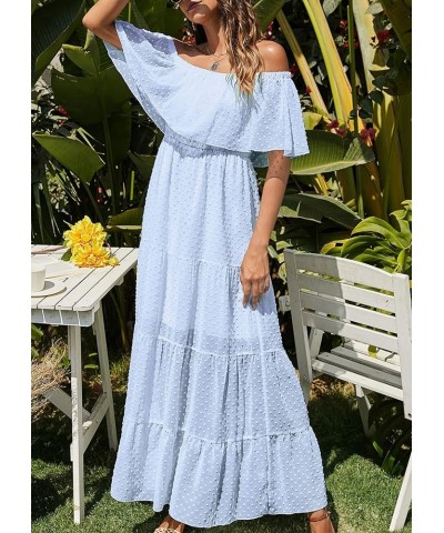 Women's 2024 Summer Off Shoulder Maxi Dress Swiss Dot Short Sleeve High Waist Ruffle Tiered Flowy Long Dresses B-light Blue $...