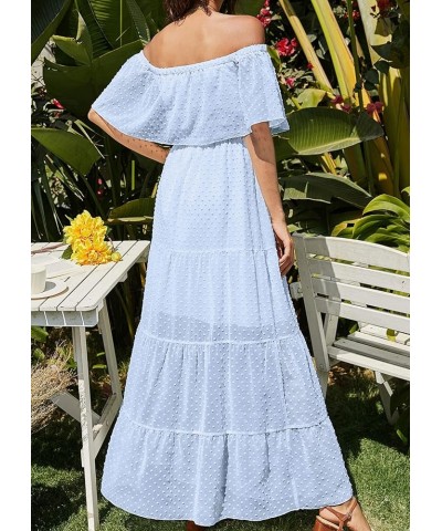 Women's 2024 Summer Off Shoulder Maxi Dress Swiss Dot Short Sleeve High Waist Ruffle Tiered Flowy Long Dresses B-light Blue $...