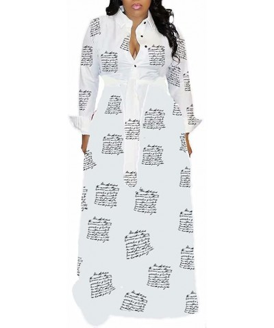 Women's Long Sleeve V Neck Long Maxi Dress Loose African Floral Print A Line Skirt Dresses Plus Size with Belt Y-white $24.93...