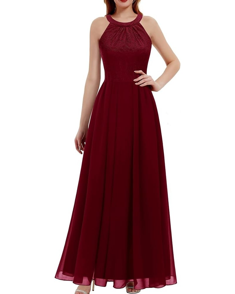 Women's Spring Long Formal Dress Wedding Guest Dress 2024 Halter Lace Dress Bridesmaid Cocktail Party Prom Gown A- Dark Red $...