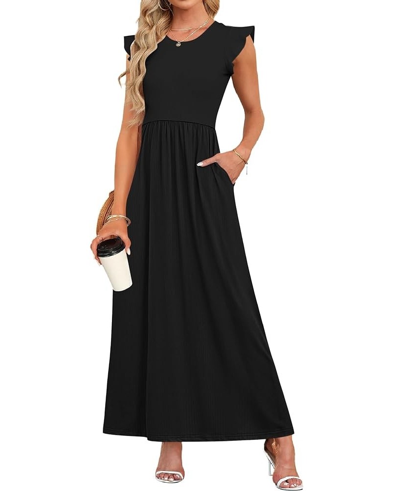 Women's Ruffle Sleeve Maxi Dresses Casual Crewneck Long Dress with Pockets 0 Black $18.54 Dresses