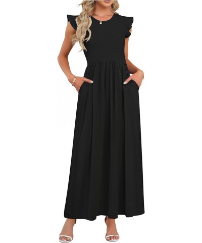 Women's Ruffle Sleeve Maxi Dresses Casual Crewneck Long Dress with Pockets 0 Black $18.54 Dresses