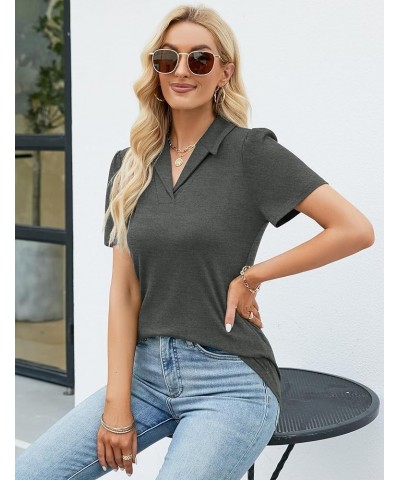 Women's Short Sleeve Polo Shirts Summer V Neck Collared Tunic Tops Dressy Casual Blouses Dark Grey $13.76 Shirts