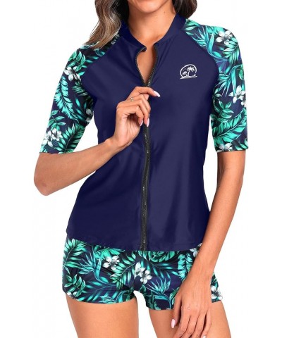 Womens Two Piece Rash Guard Short Sleeve UPF 50+ Swim Shirt Zipper Swimsuit with Boyshorts Bottoms Green Leaves $18.63 Swimsuits