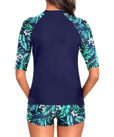 Womens Two Piece Rash Guard Short Sleeve UPF 50+ Swim Shirt Zipper Swimsuit with Boyshorts Bottoms Green Leaves $18.63 Swimsuits