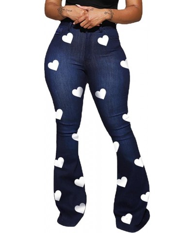 Women's Bodycon Denim Flared Leg Jeans Pants Heart Printed Color Contrast Slim Bell Bottom High Waist Trousers Dark Blue $14....