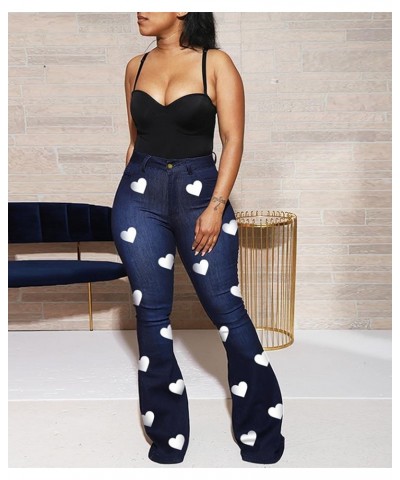 Women's Bodycon Denim Flared Leg Jeans Pants Heart Printed Color Contrast Slim Bell Bottom High Waist Trousers Dark Blue $14....