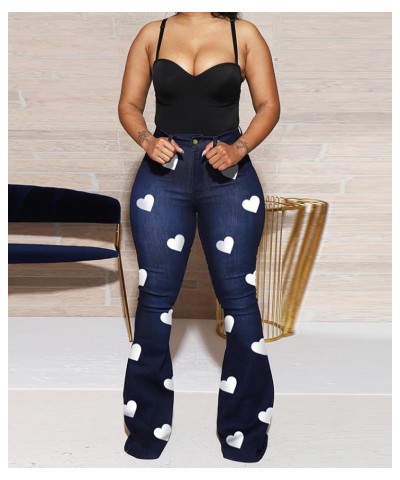 Women's Bodycon Denim Flared Leg Jeans Pants Heart Printed Color Contrast Slim Bell Bottom High Waist Trousers Dark Blue $14....