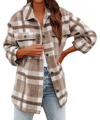 Womens Plaid Shacket Fall Jacket Fleece Lined Button Down Peacoats Plaid Lapel Casual Coats Y2K Shirt Jackets 2023 A-17-khaki...