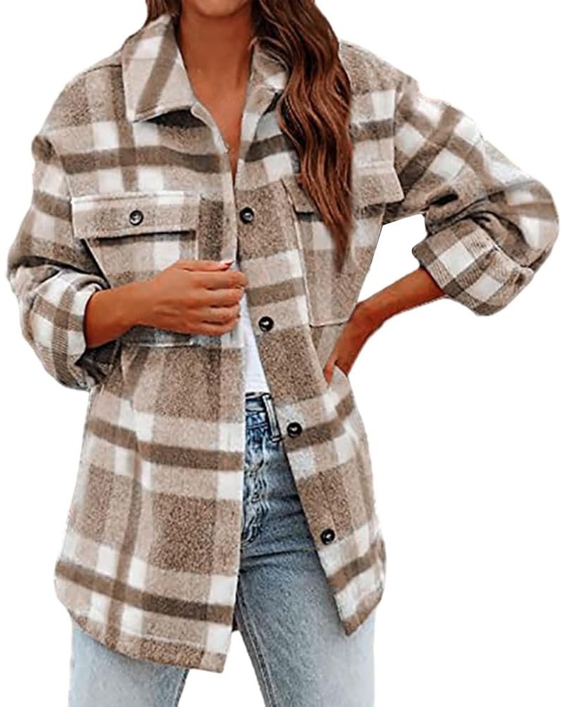 Womens Plaid Shacket Fall Jacket Fleece Lined Button Down Peacoats Plaid Lapel Casual Coats Y2K Shirt Jackets 2023 A-17-khaki...