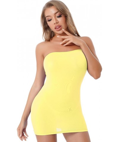 Women's Mesh Sheer Mini Tube Dress Bodycon Strapless Tight Pencil Chemise Dress Sleepwear Yellow $8.82 Dresses