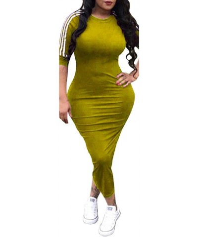 Women's Casual Crewneck Striped Camo Half Sleeve Bodycon Long Pencil Midi Dress A Yellow $15.97 Dresses