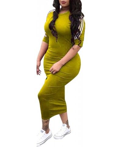 Women's Casual Crewneck Striped Camo Half Sleeve Bodycon Long Pencil Midi Dress A Yellow $15.97 Dresses