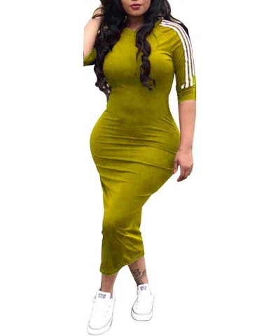 Women's Casual Crewneck Striped Camo Half Sleeve Bodycon Long Pencil Midi Dress A Yellow $15.97 Dresses