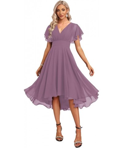 Women's Short Bridesmaid Dresses Flutter Sleeves Ruched Chiffon V Neck Formal Dress with Pockets CM198 Dusty Purple $24.84 Dr...