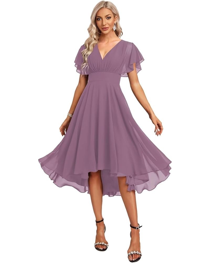 Women's Short Bridesmaid Dresses Flutter Sleeves Ruched Chiffon V Neck Formal Dress with Pockets CM198 Dusty Purple $24.84 Dr...