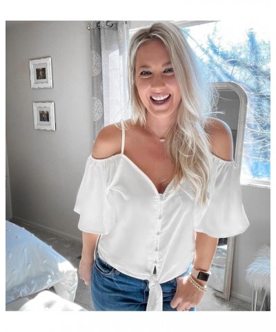 Women's Summer Tops Sexy Off Shoulder Top Ruffle Short Sleeve Shirts Spaghetti ​Straps V Neck Button Blouses Outfit 1-white $...