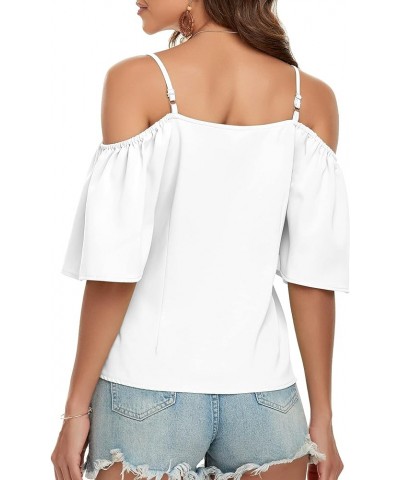 Women's Summer Tops Sexy Off Shoulder Top Ruffle Short Sleeve Shirts Spaghetti ​Straps V Neck Button Blouses Outfit 1-white $...