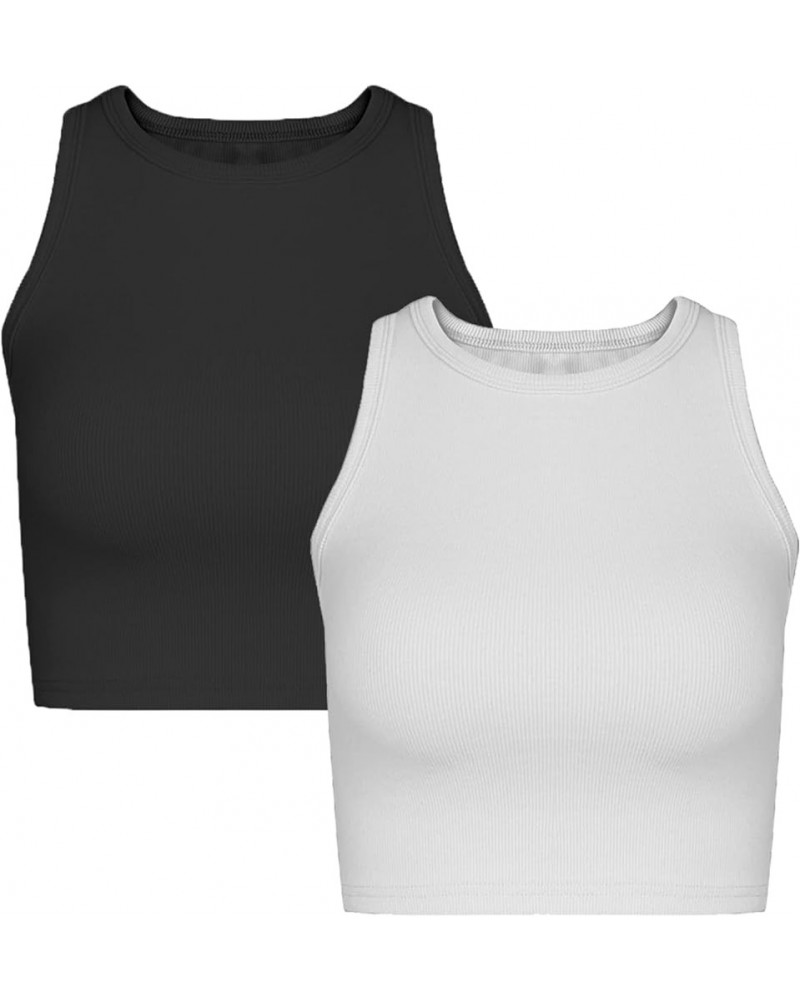 2 Pieces Basic Seamless Sports Tank Tops Sleeveless Racerback Yoga Workout Crop Tops for Women Black/White $12.23 Activewear