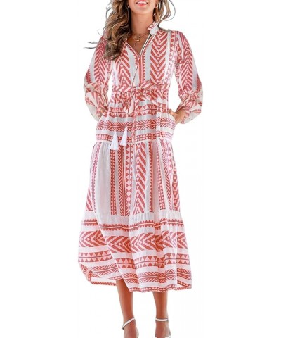 Womens Vintage Ethnic Style Printed Tassel Tie V Neck Dress Casual Long Sleeve Geometric Long Dress with Pockets Multi4022 $2...