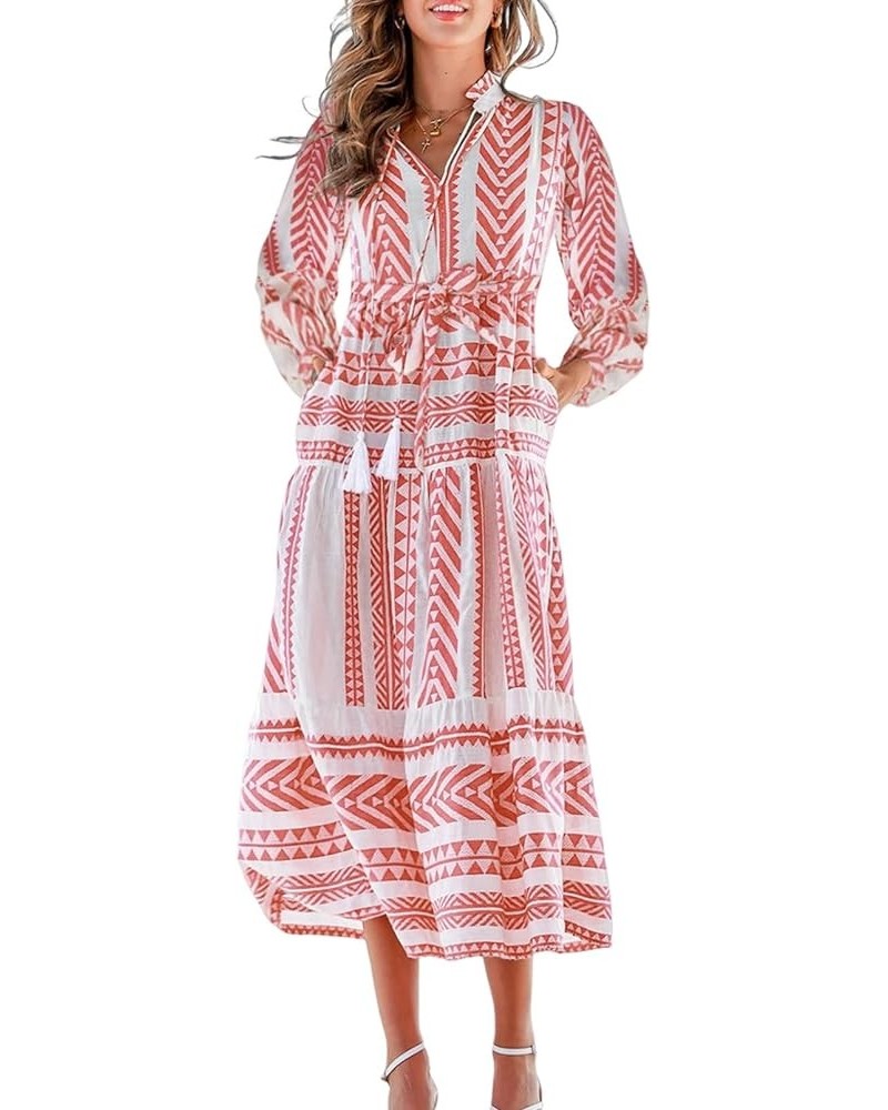 Womens Vintage Ethnic Style Printed Tassel Tie V Neck Dress Casual Long Sleeve Geometric Long Dress with Pockets Multi4022 $2...